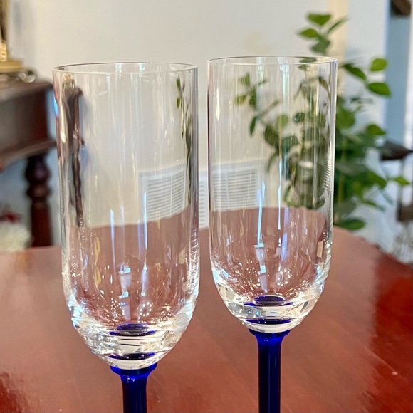 Crystal Champagne Flutes Blue Paneled Stem Set Of 2 VTG Glass Stemware Barware - Picture 6 of 10